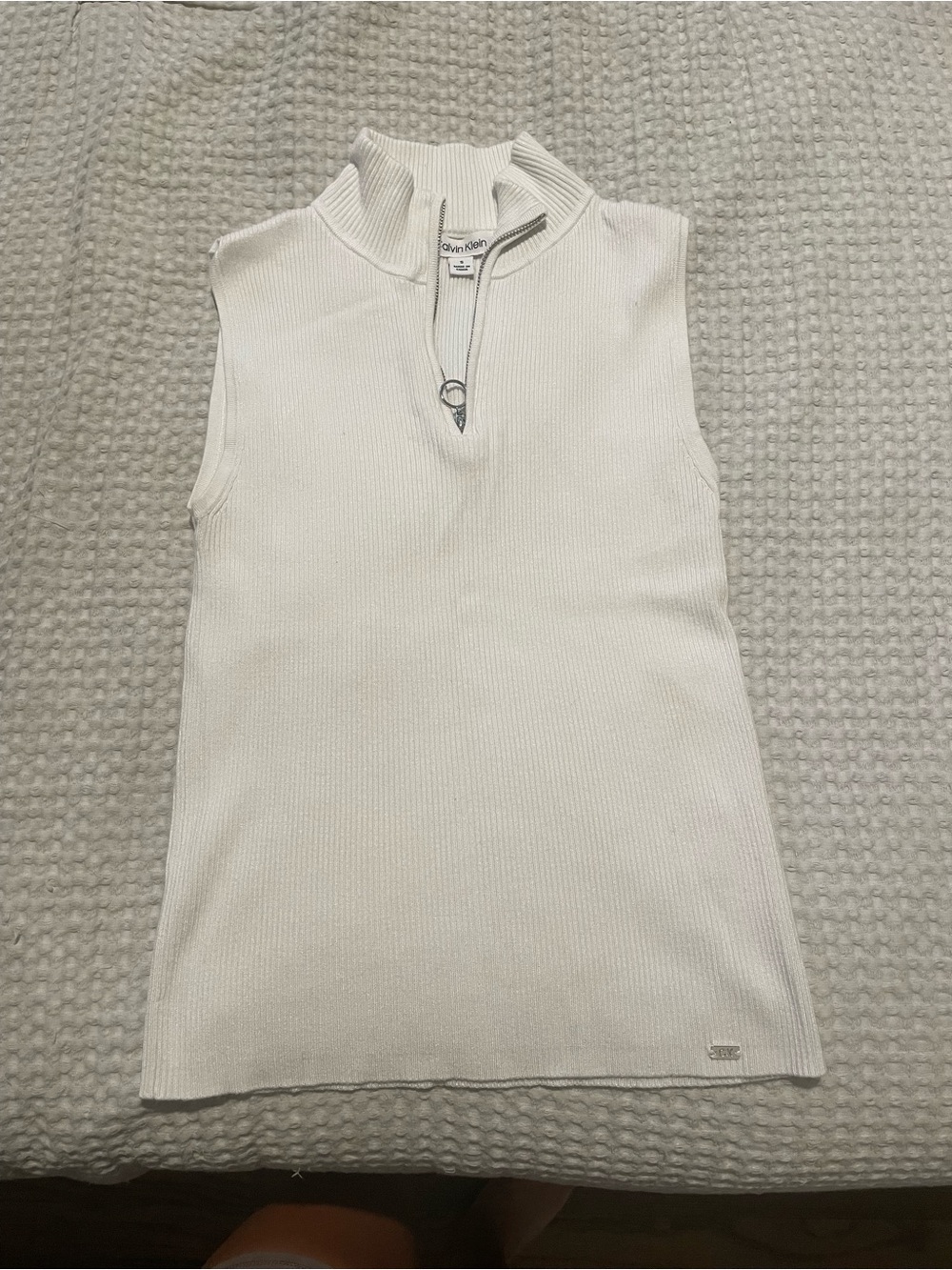 Calvin Klein White Ribbed Sleeveless Zip Mock-Neck Tank